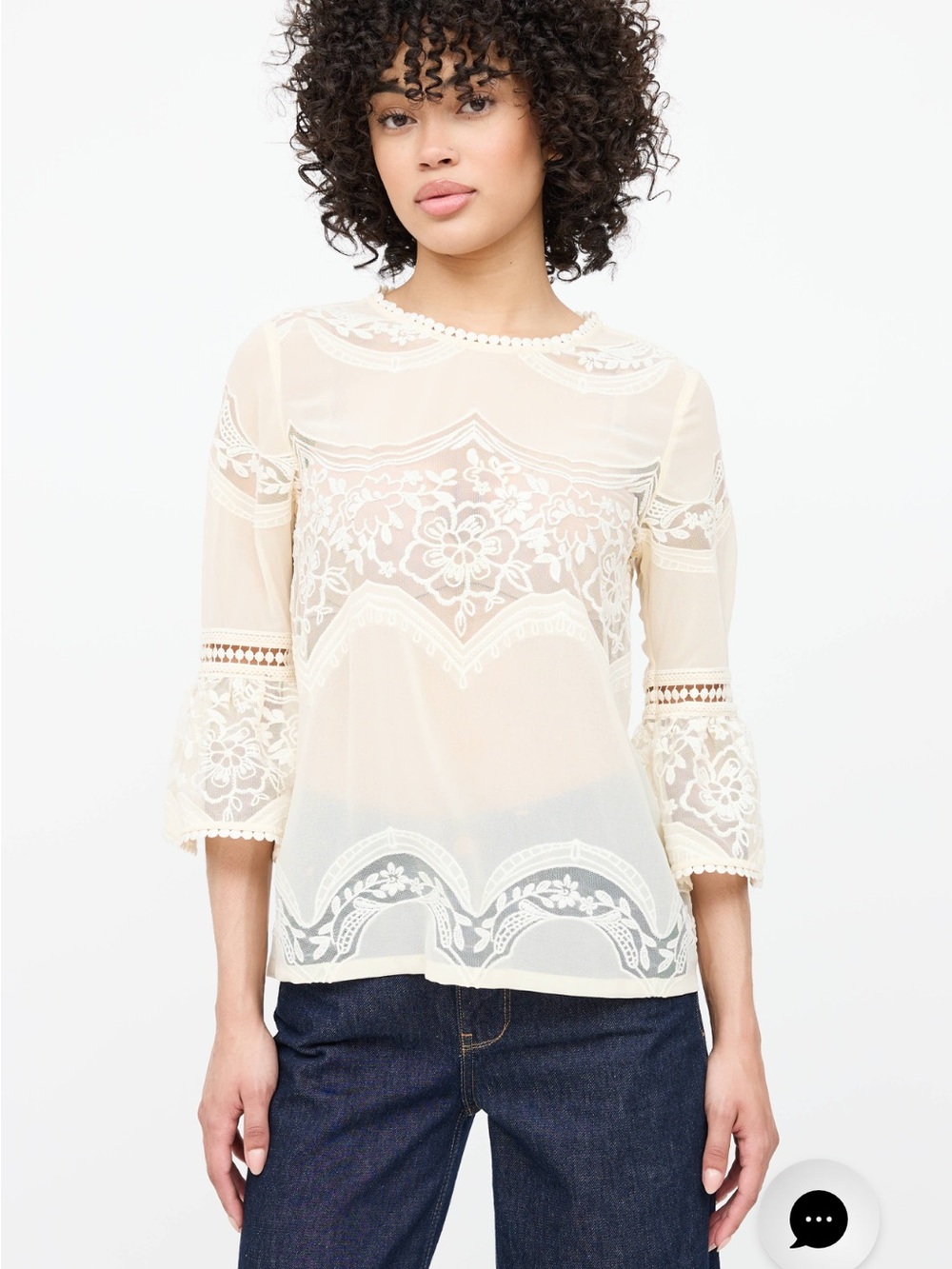SUI by Anna Sui Sheer Embroidered Lace Bell Sleeve Blouse Top Cream Size Small